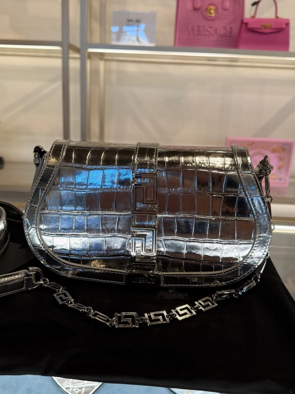 Versace Metallic Silver Croc-Embossed Crossbody Bag with Chain Strap - Picture 3 of 8